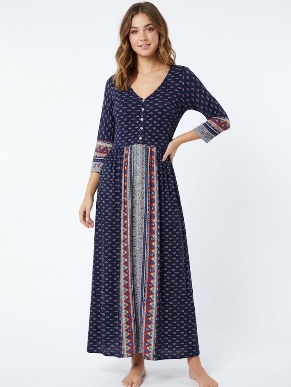 Miusol Navy Boho Border-Print V‑Neck Maxi Dress